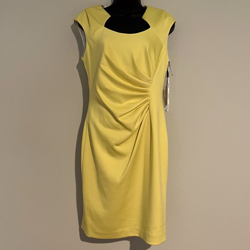 Calvin Klein Yellow Cocktail Sheath Dress with Side Pleat Detail 6 NWT